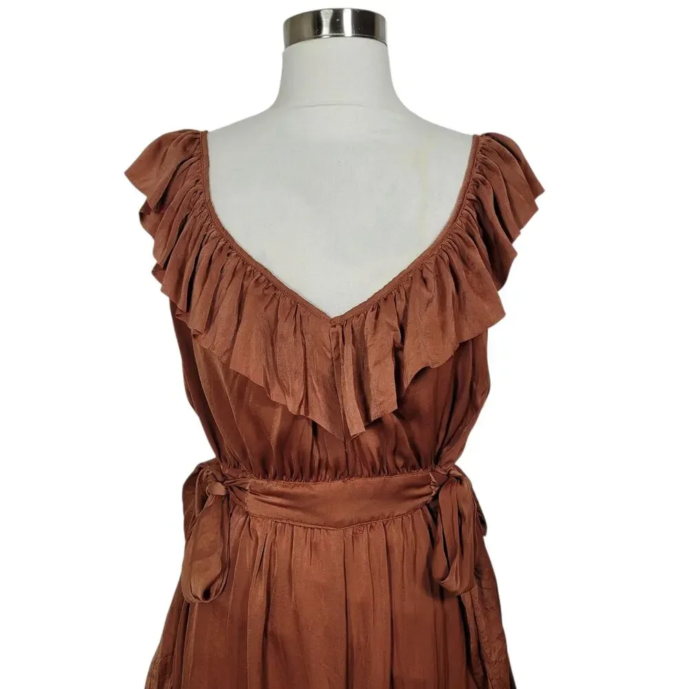Zara Satin Ruffle Pleated Wrinkle Wide Leg Keyhole Boho Chic Jumpsuit Size Large - Picture 2 of 12